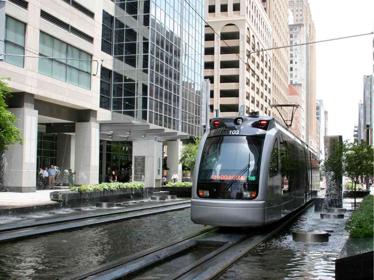 Photo of the Metro Rail in downtown Houston for article Public Transportation in Houston for newcomers moving to Houston.