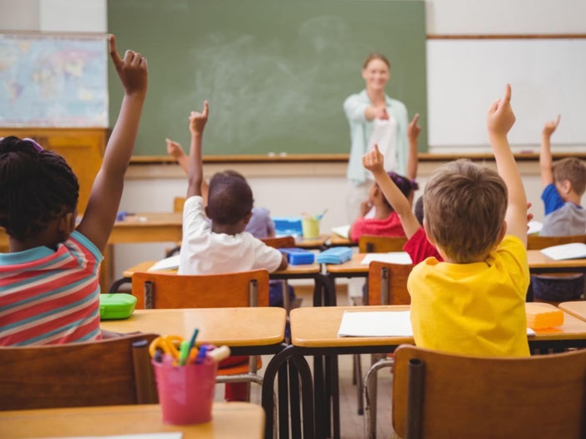 Back of classroom view of students raising hands in class and teacher in front pointing to them for article Spring Branch ISD