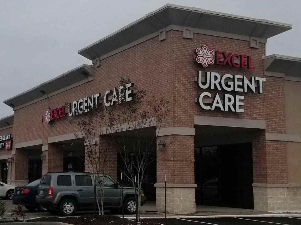 Medical building corner of strip mall for article Excel Urgent Care