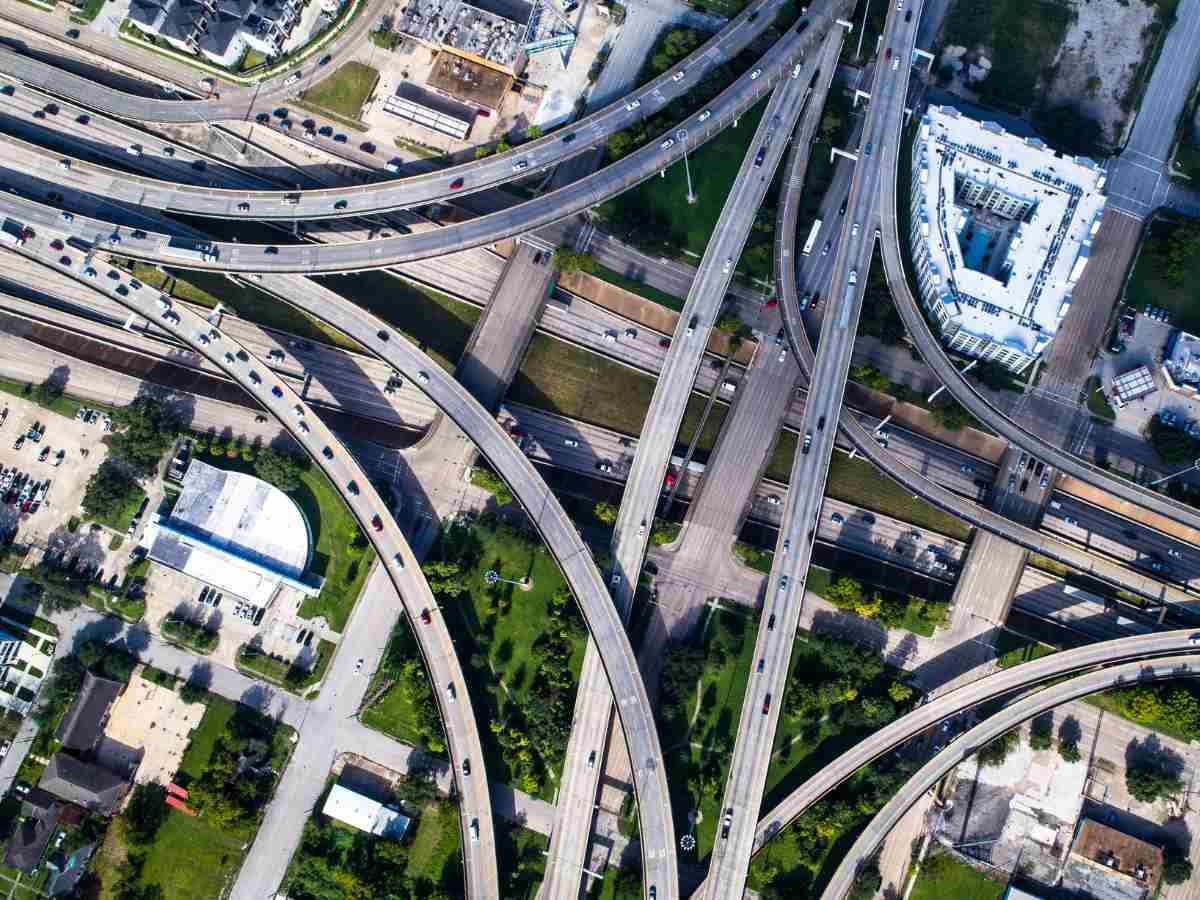 Arial view of Houston Highways shaped like a diamond from above for article 22 Houston Highway Nicknames for newcomers moving to Houston.