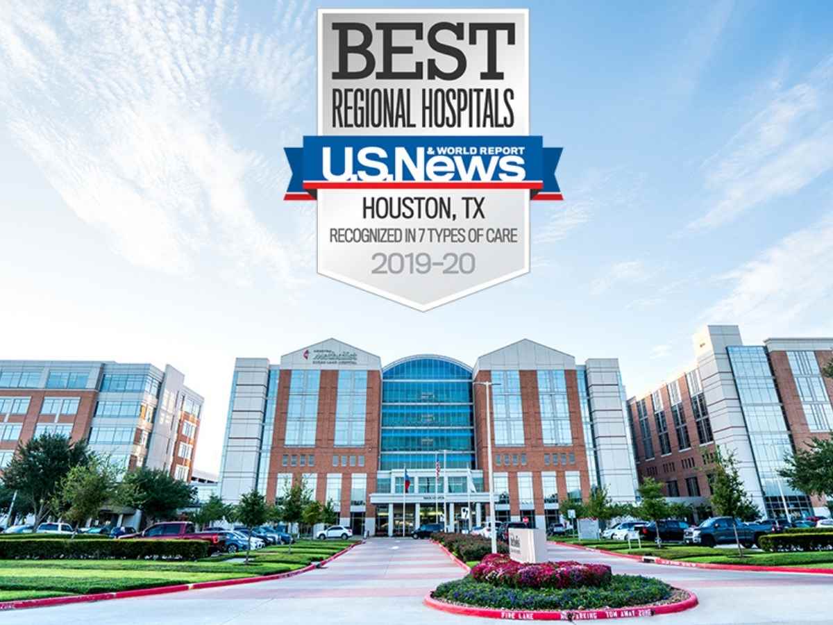 Outside of hospital with "BEST REGIONAL HOSPITAL badge of recognition overlay for article Houston Methodist Sugar Land Hospital Ranked Top Hospital