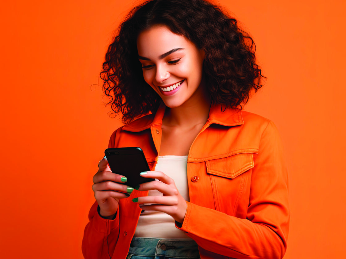 woman in orange shirt, smiling looking at phone
