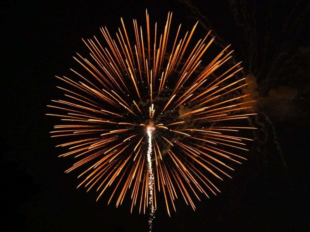 Sparkling bright orange popping solo firework on a black night sky for article Top New Years Eve Spots in Houston for Newcomers