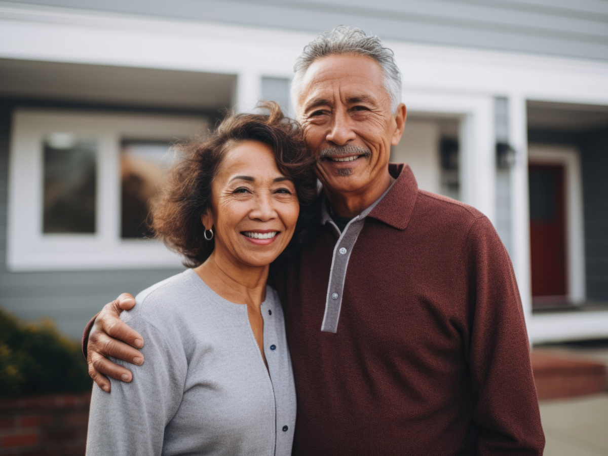 Senior couple in front of their home.