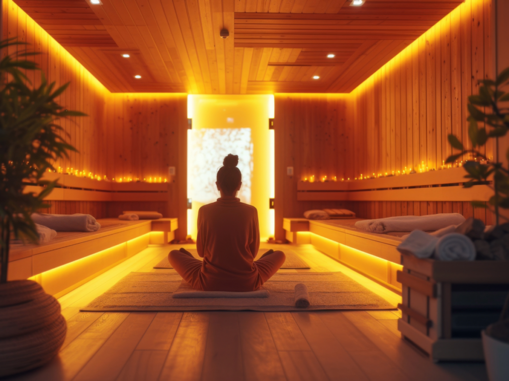 Woman sitting cross-legged with back to camera - sitting on a mat in the middle of a zen type spa room.