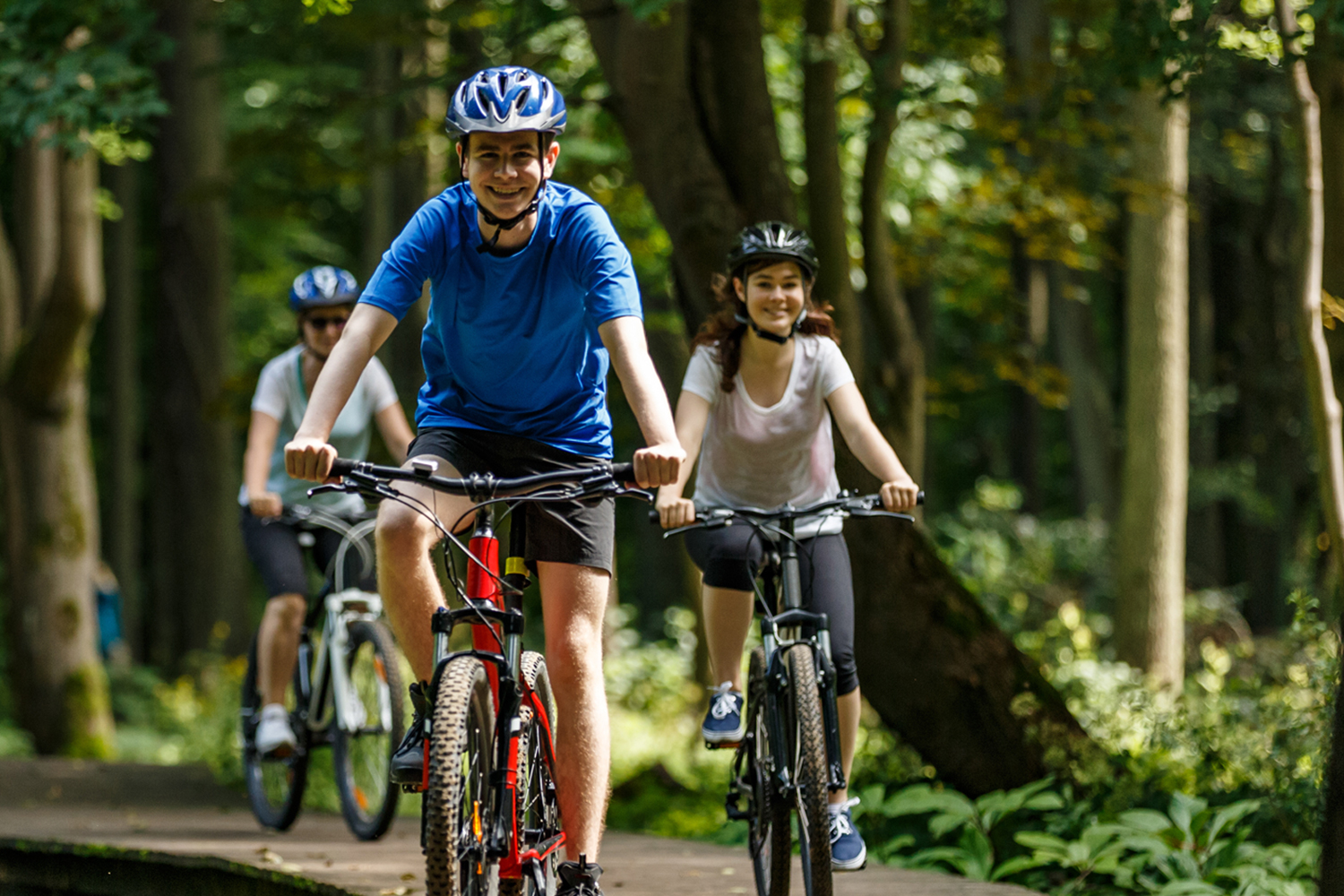 three people on their bikes in a wooded trail