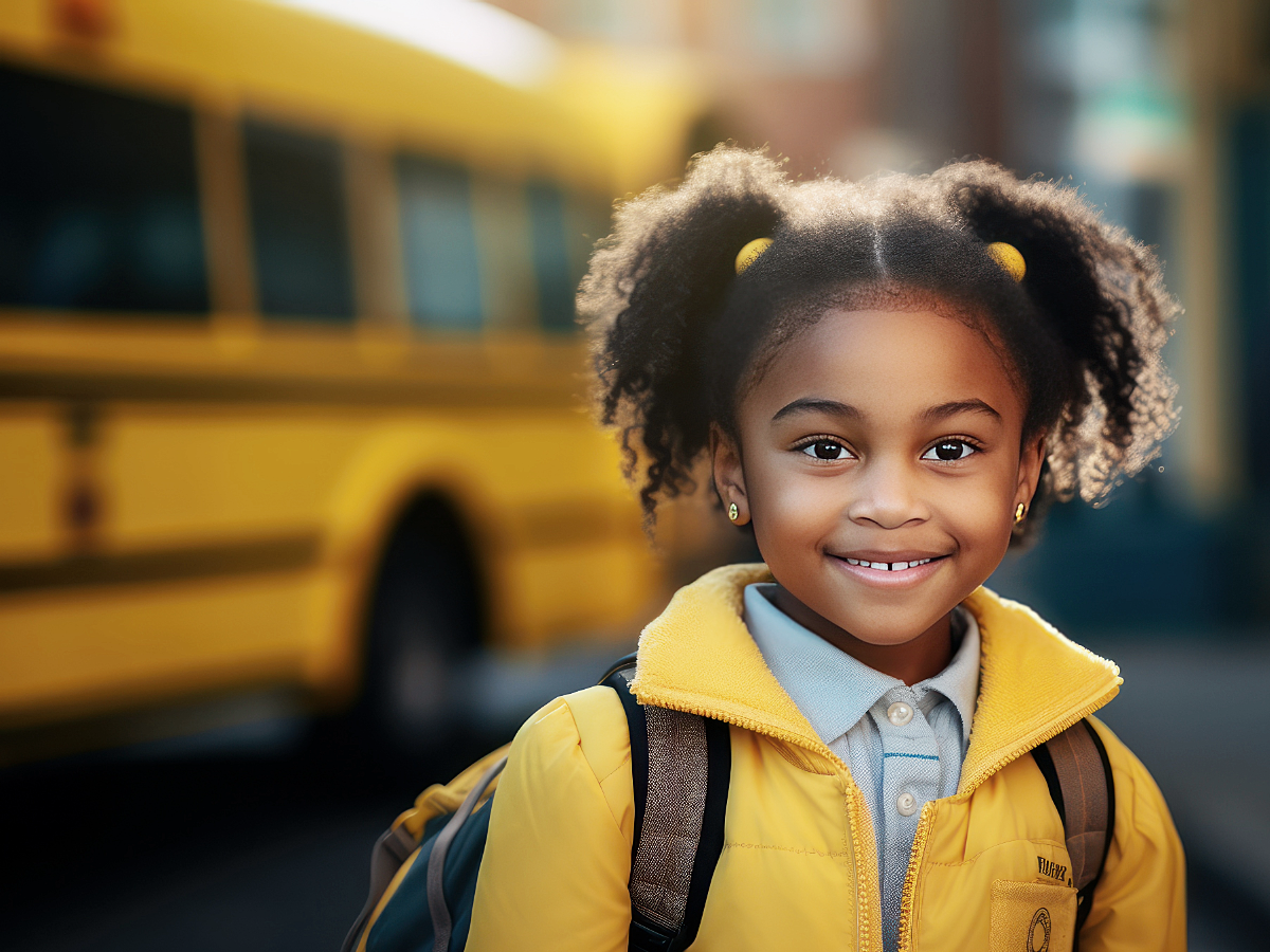 Young girl with pigtails and backpack standing in front of school bus smiling.