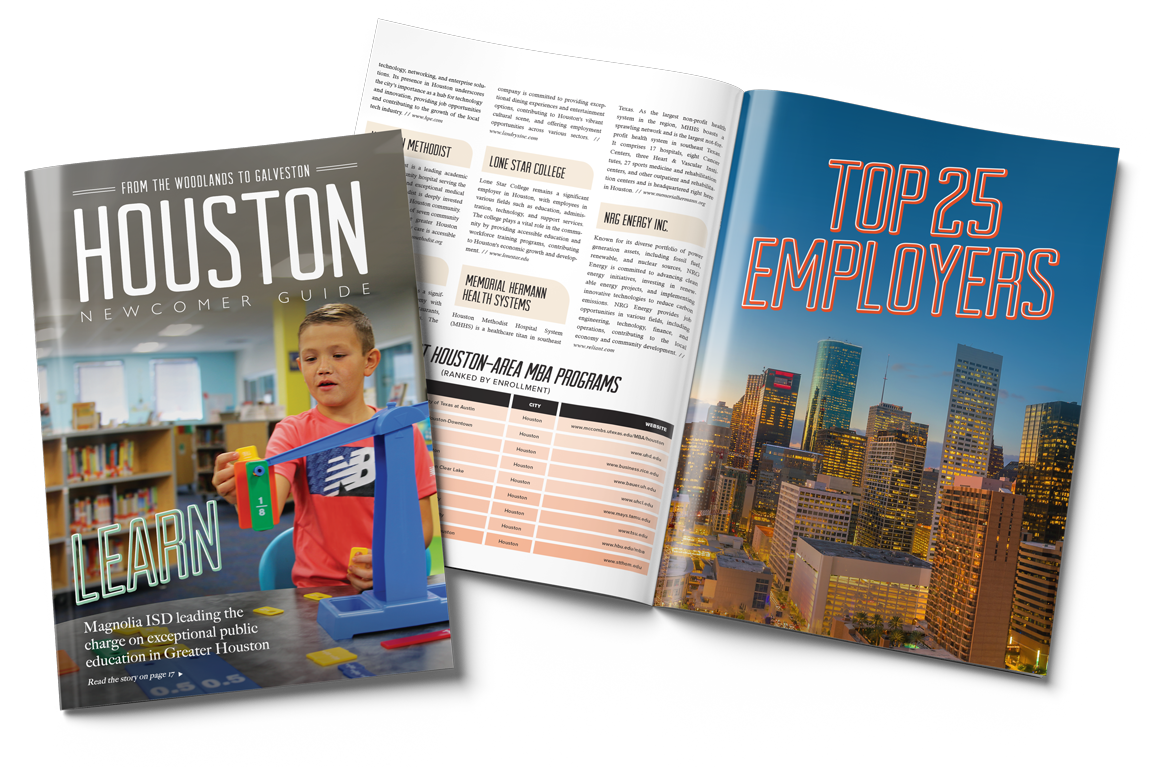 Cover of Houston relocation guide and inside spread