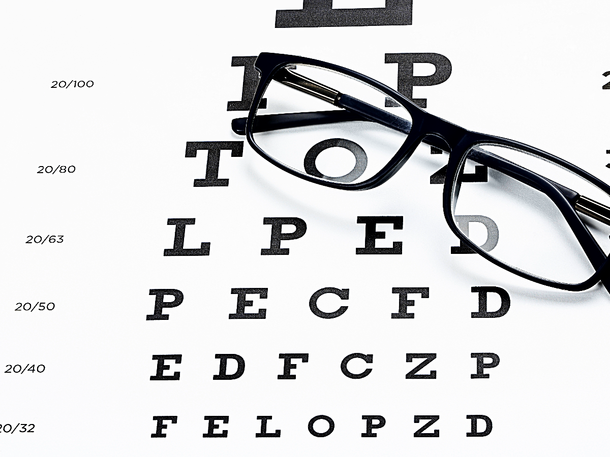 Eye chart with glasses sitting on top of it.