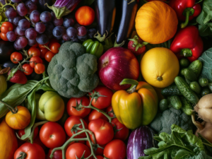 Close up of assorted and colorful nutritious fruits and vegetables.