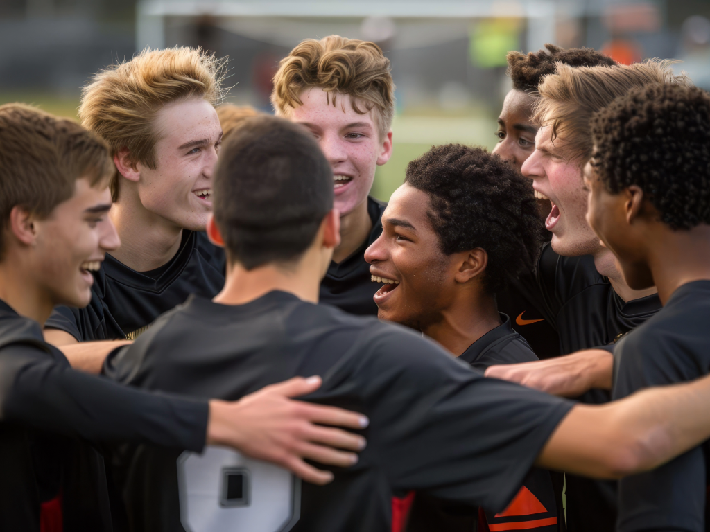 Group of high school soccer players in a huddle.