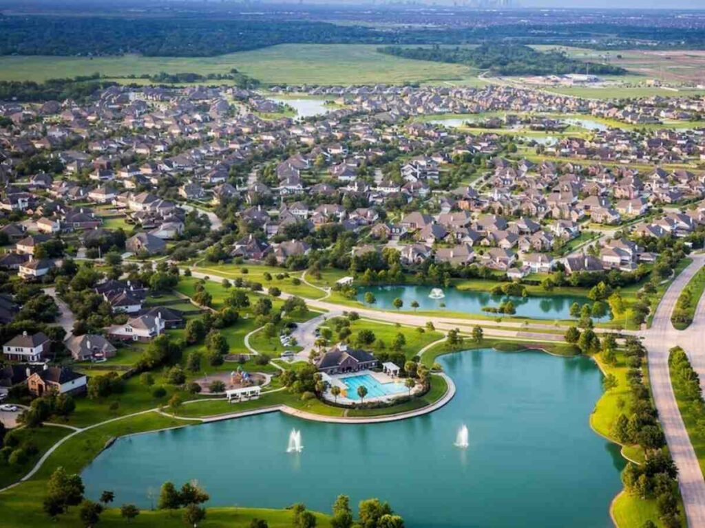 Aerial view of Pearland suburbs in Houston area for article Best Houston Suburbs in 2025: Why Pearland and League City Are Top Picks for newcomers moving to Pearland, moving to League City, moving to Houston area.