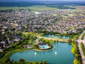 Aerial view of Pearland suburbs in Houston area for article Best Houston Suburbs in 2025: Why Pearland and League City Are Top Picks for newcomers moving to Pearland, moving to League City, moving to Houston area.