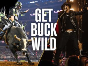 Rodeo rider on left and Kid Rock on the right for article PBR World Finals 2025: Houston to DFW for newcomers moving to Houston.