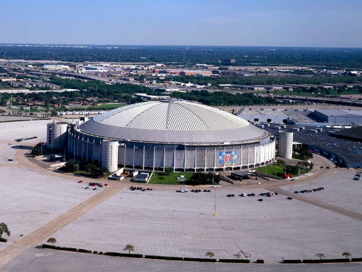 Aerial view of the world's first domed sports stadium the Astrodome in 1999 for article 10 Things You Didn’t Know About Houston