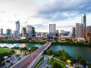 Houston skyline with river. Living in a flood zone