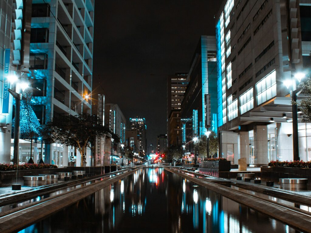 Downtown Houston at night. How to move from New York City to Houston